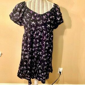 Wild Fable Boho Dress Medium Black Floral Purple Green Flowy Puff Sleeves